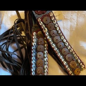 Vintage Beaded Leather Tie Belt with Shell and Wood Accents - Brown & White
